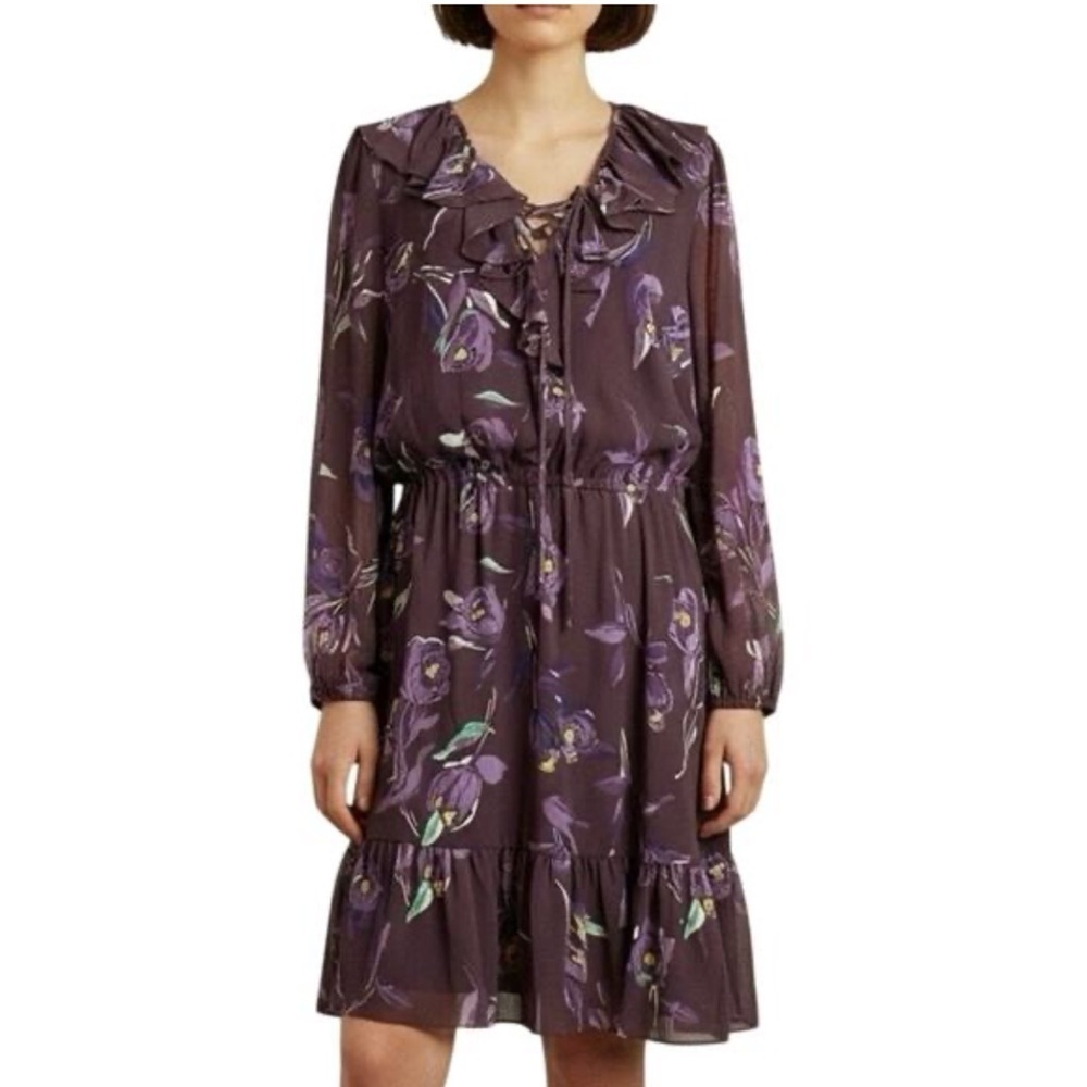 Lauren Ralph Lauren Black Label | Floral Purple Ruffle-Trim Georgette Dress 16